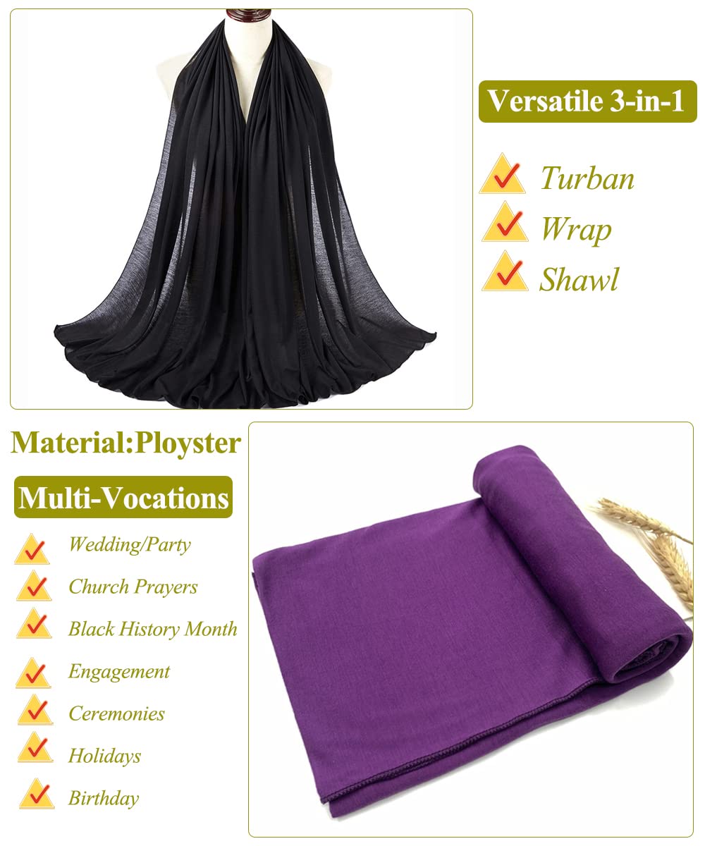Harewom Black Hair Wrap for Women Long Stretch Jersey Head Scarf Summer Breathable Lightweight Turban Solid Color