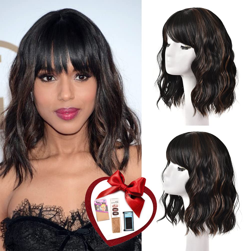 Kinky Curly Afro Wig with Bangs Ombre Gray Color Synthetic Mixed Wigs with 1 Wig Comb and 4pcs Wig Caps