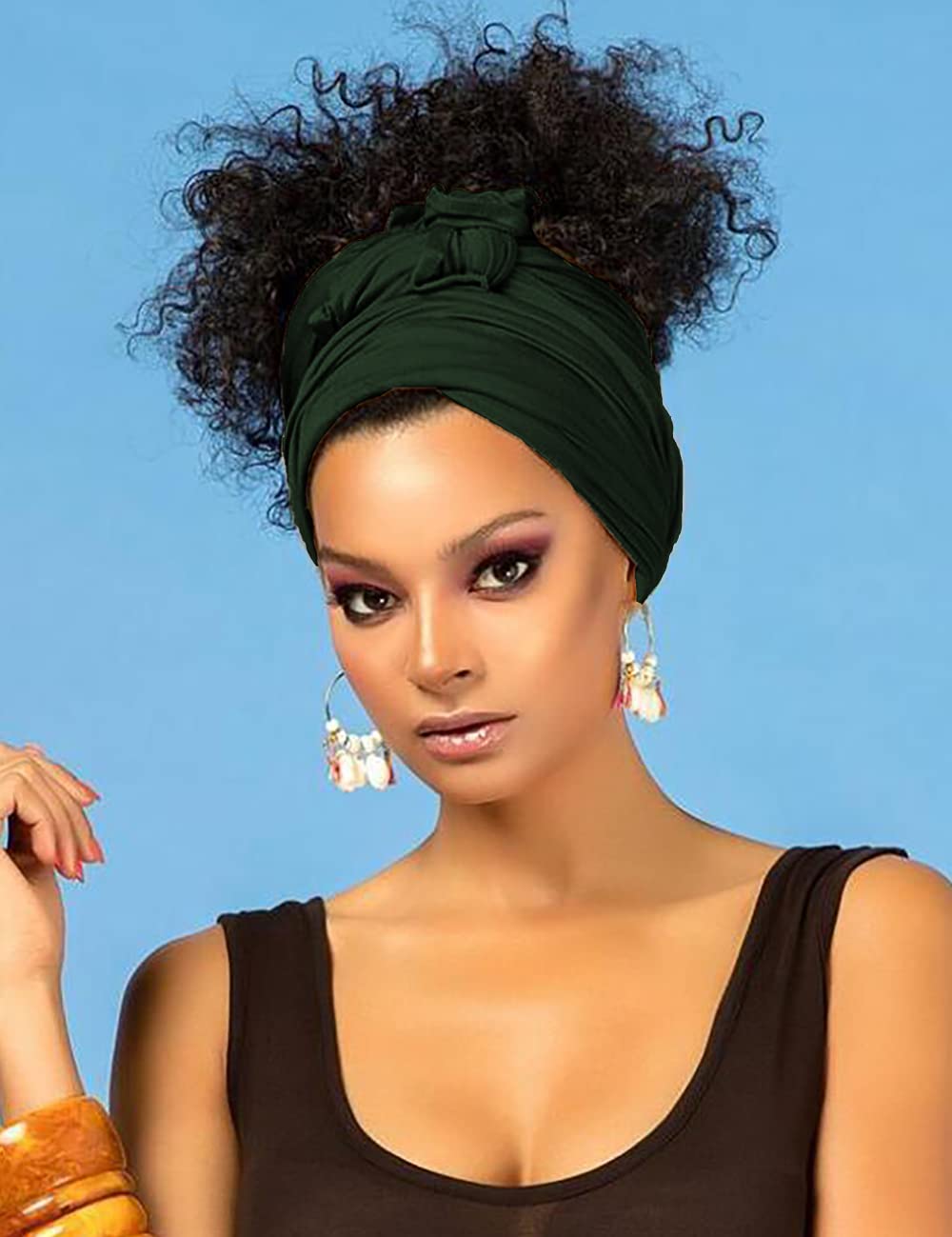 Harewom Black Hair Wrap for Women Long Stretch Jersey Head Scarf Summer Breathable Lightweight Turban Solid Color