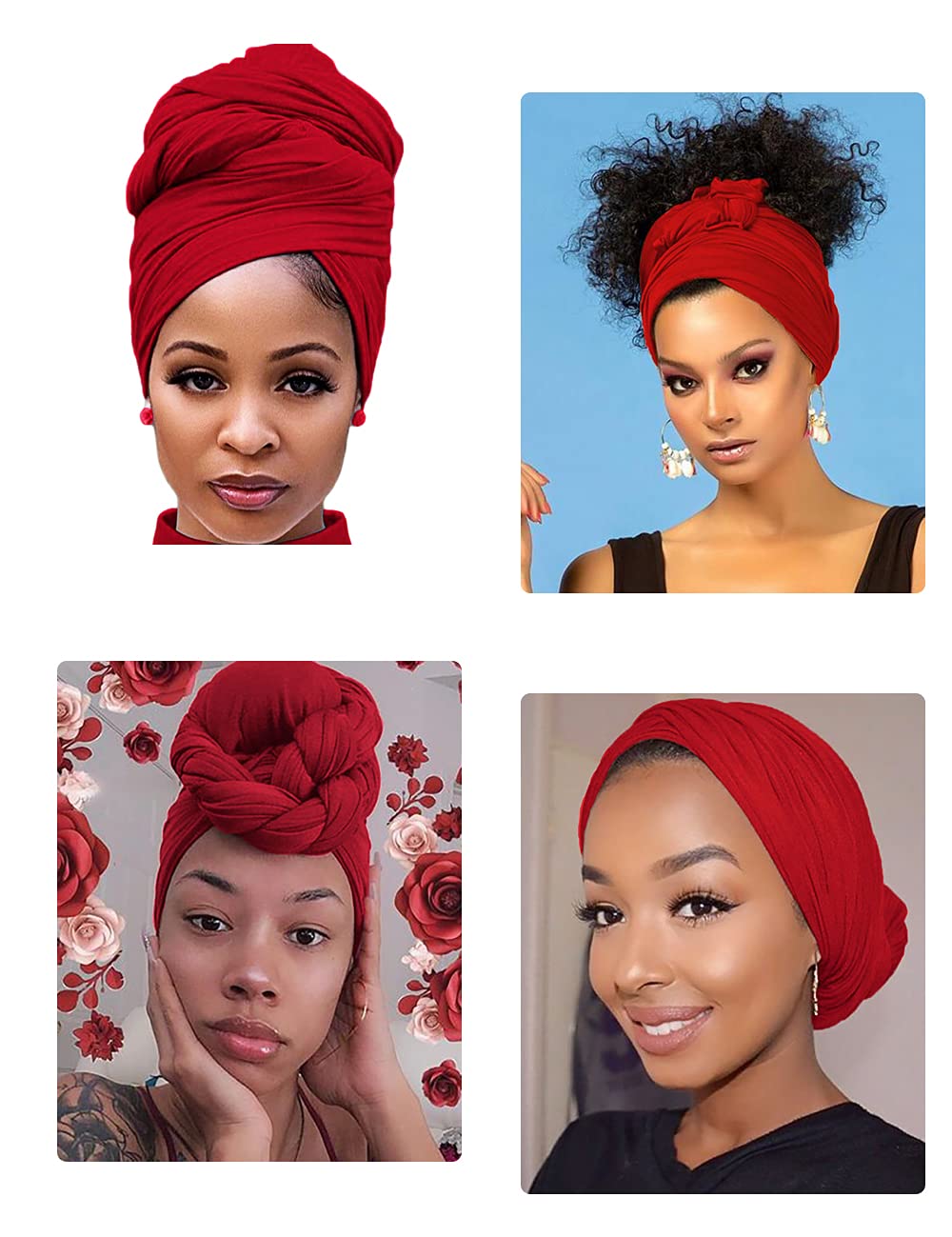 Harewom Black Hair Wrap for Women Long Stretch Jersey Head Scarf Summer Breathable Lightweight Turban Solid Color