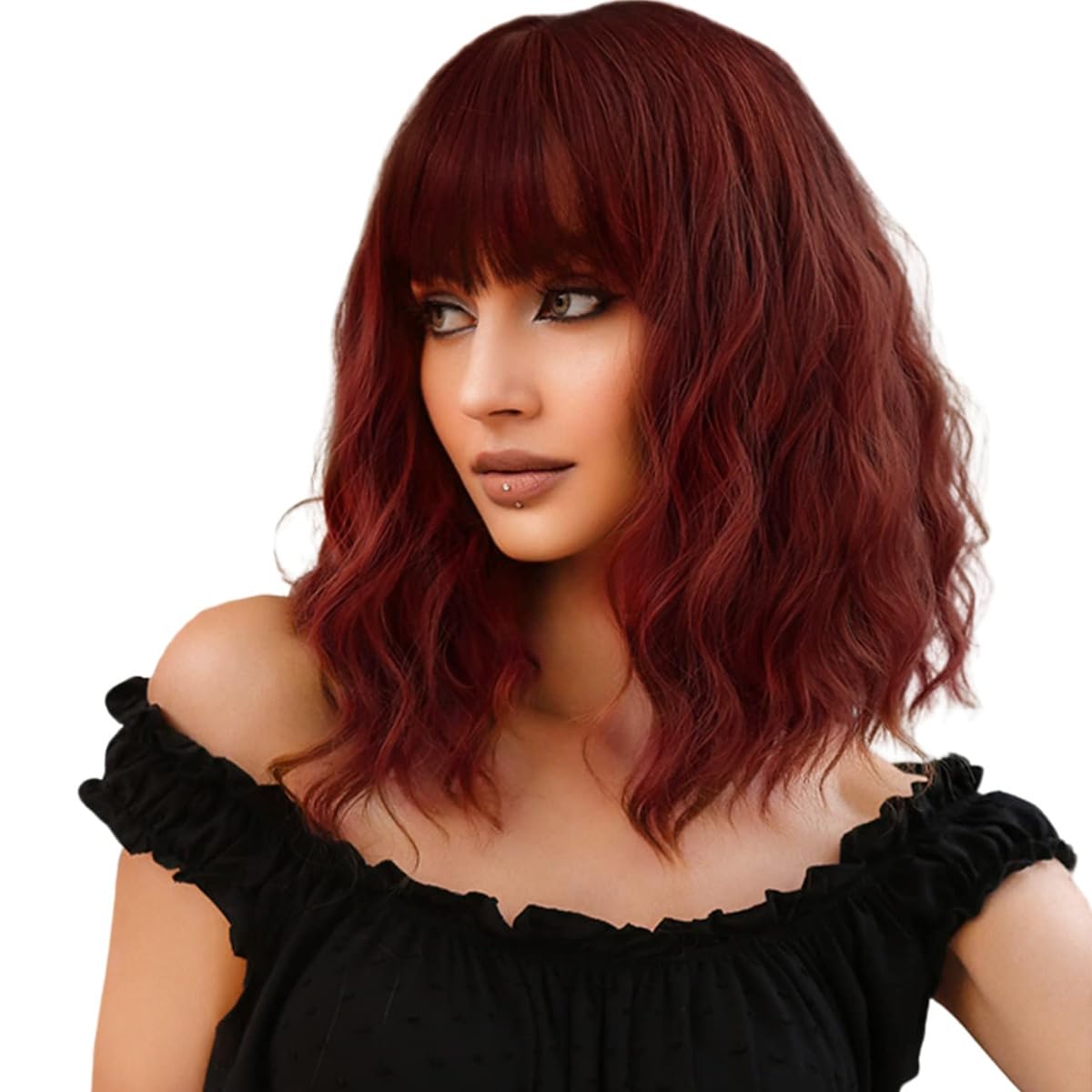 Short Wavy Black Wig with Bangs Bob Short Charming Curly Wavy Wig Women Synthetic Natural Looking Heat Resistant Fiber Hair for Women (14inch)