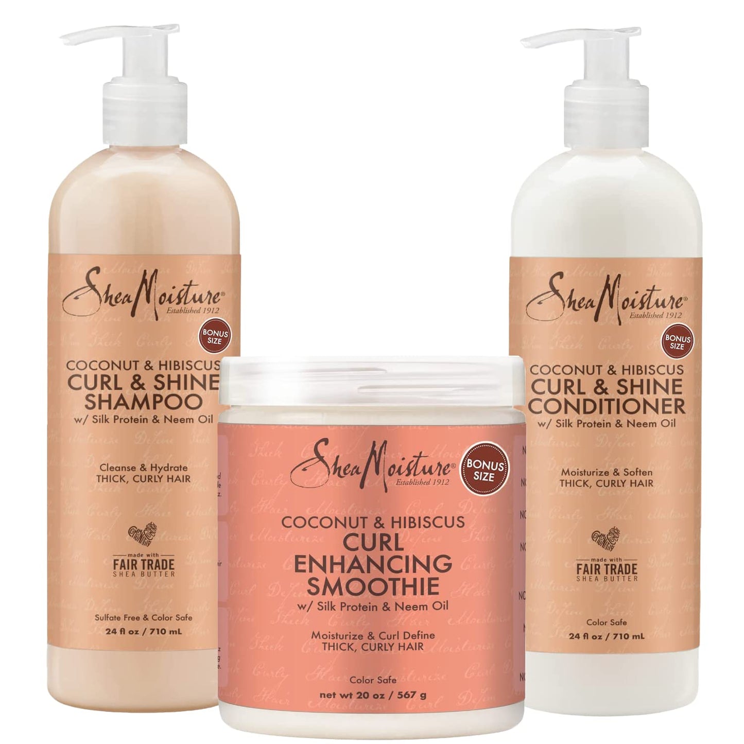 Shea Moisture Shampoo and Conditioner Set, Coconut and Hibiscus Curl & Shine 13-oz ea Bundled with Curl Enhancing Smoothie 12-oz. Curly Hair Products with Coconut Oil, Vitamin E & Neem Oil