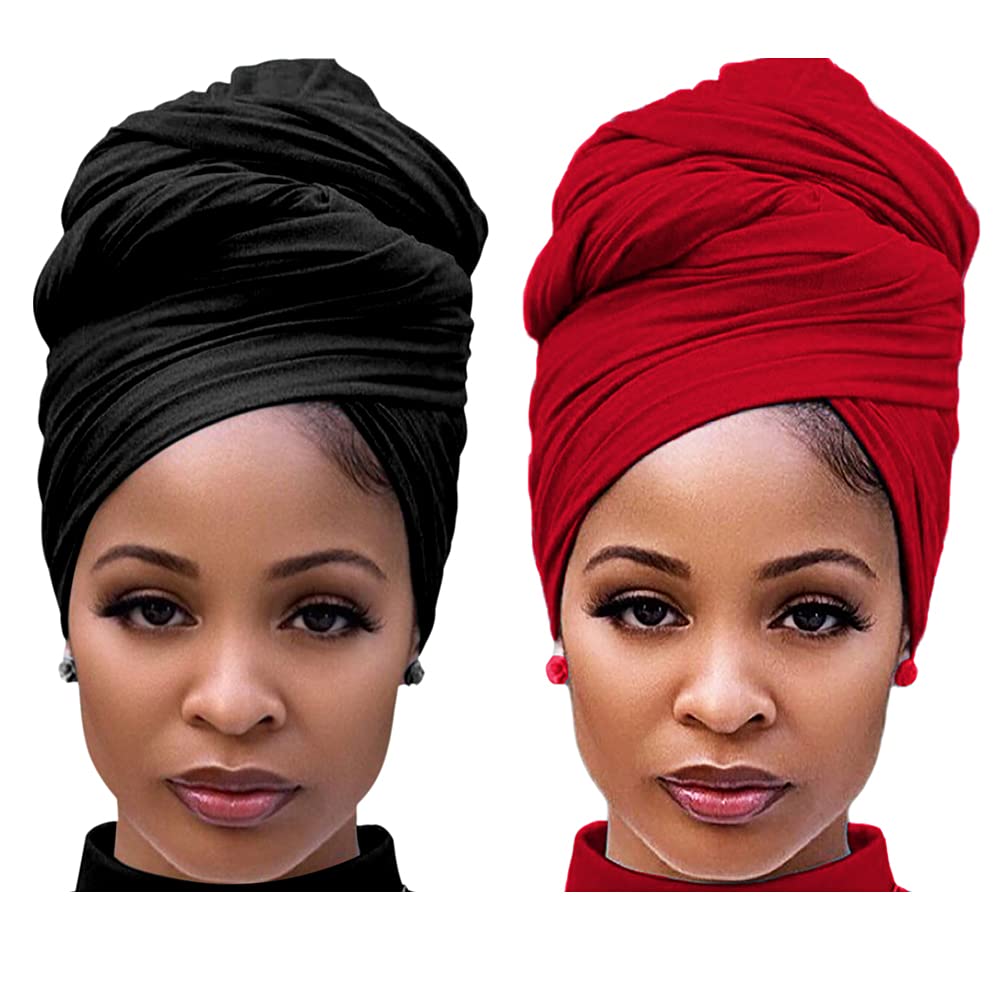 Harewom Black Hair Wrap for Women Long Stretch Jersey Head Scarf Summer Breathable Lightweight Turban Solid Color