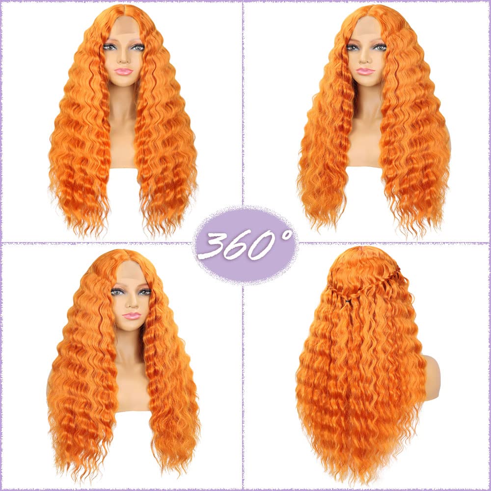 28'' Curly Wig Long Synthetic Wigs for Black Women Loose Deep Wave Lace Front Wig 4'' Simulated Scalp Middle Part Natural Crimps Curls Hair Replacement Wigs