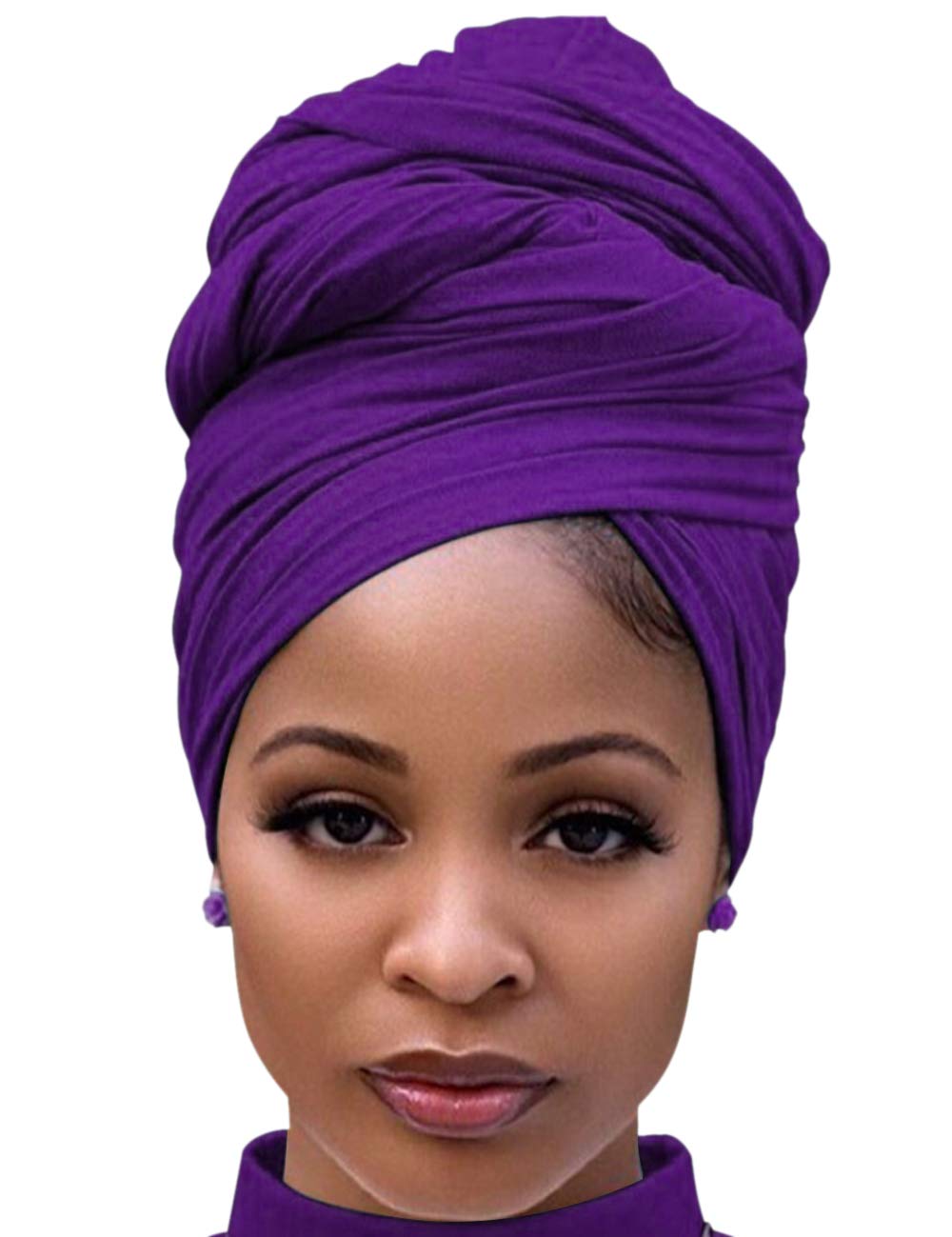 Harewom Black Hair Wrap for Women Long Stretch Jersey Head Scarf Summer Breathable Lightweight Turban Solid Color