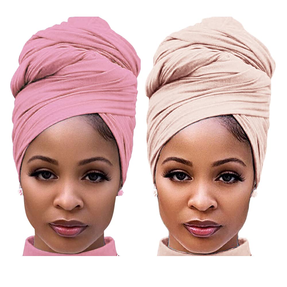 Harewom Black Hair Wrap for Women Long Stretch Jersey Head Scarf Summer Breathable Lightweight Turban Solid Color