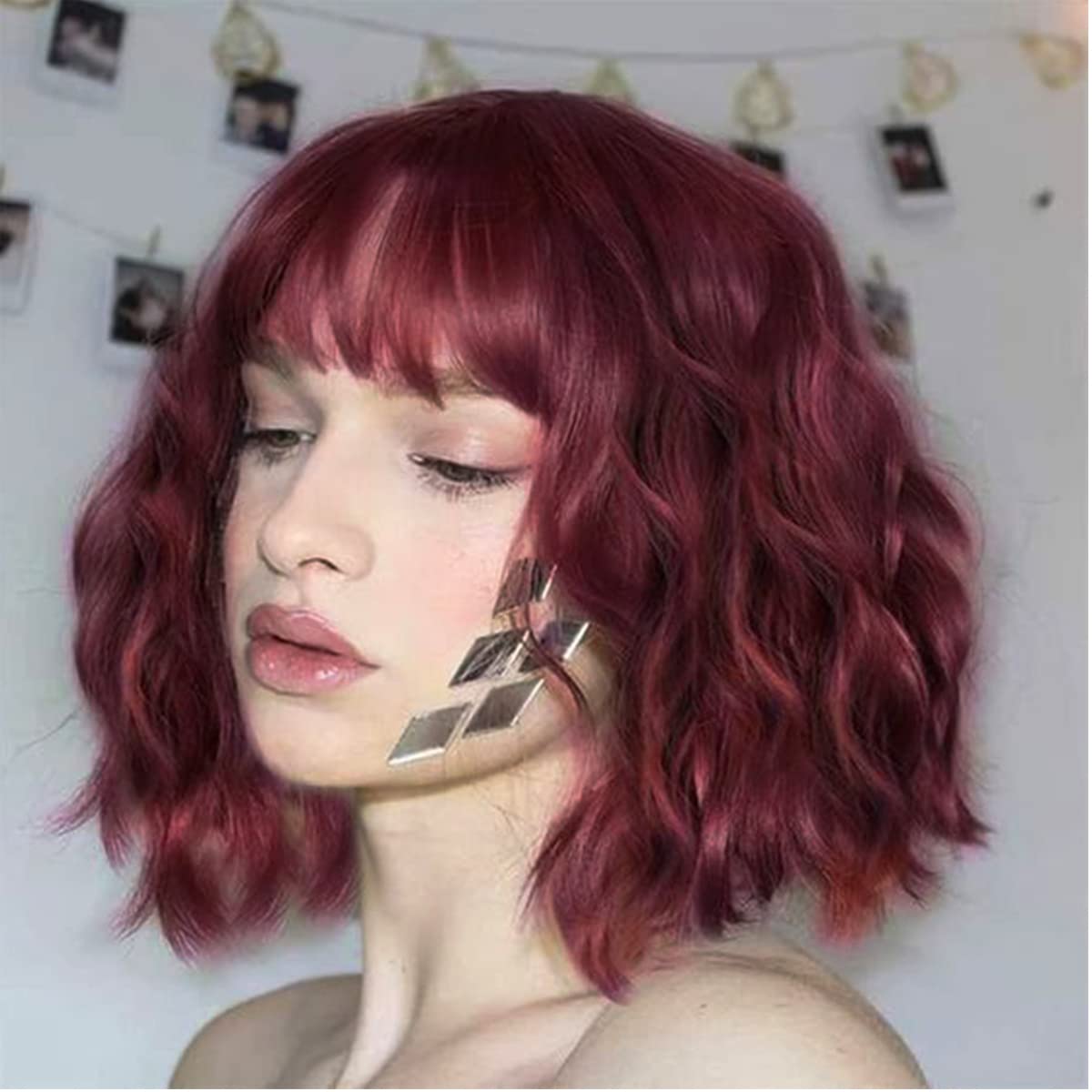 Short Wavy Black Wig with Bangs Bob Short Charming Curly Wavy Wig Women Synthetic Natural Looking Heat Resistant Fiber Hair for Women (14inch)