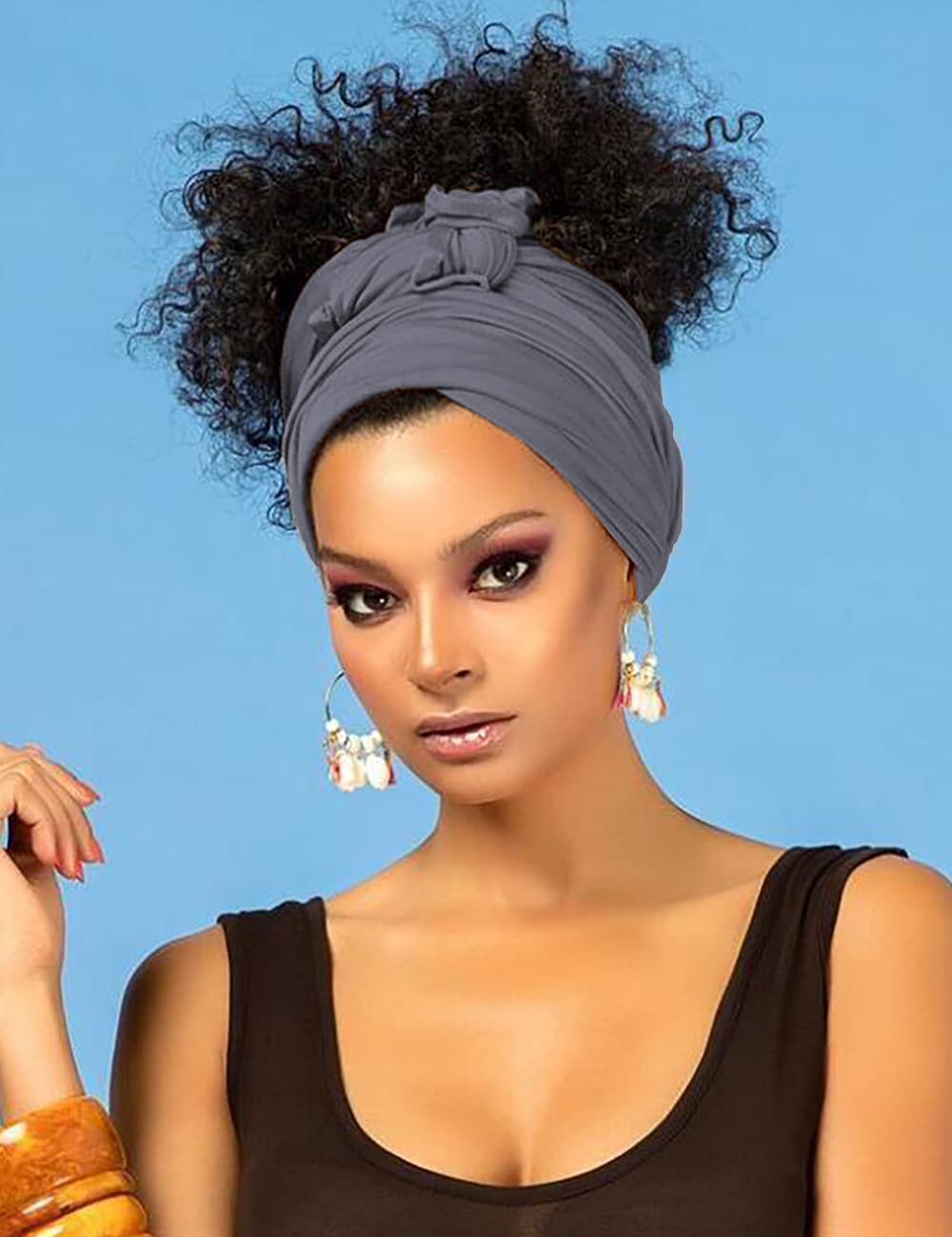Harewom Black Hair Wrap for Women Long Stretch Jersey Head Scarf Summer Breathable Lightweight Turban Solid Color