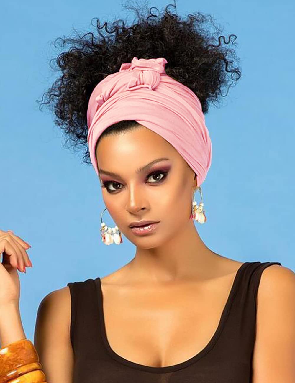 Harewom Black Hair Wrap for Women Long Stretch Jersey Head Scarf Summer Breathable Lightweight Turban Solid Color