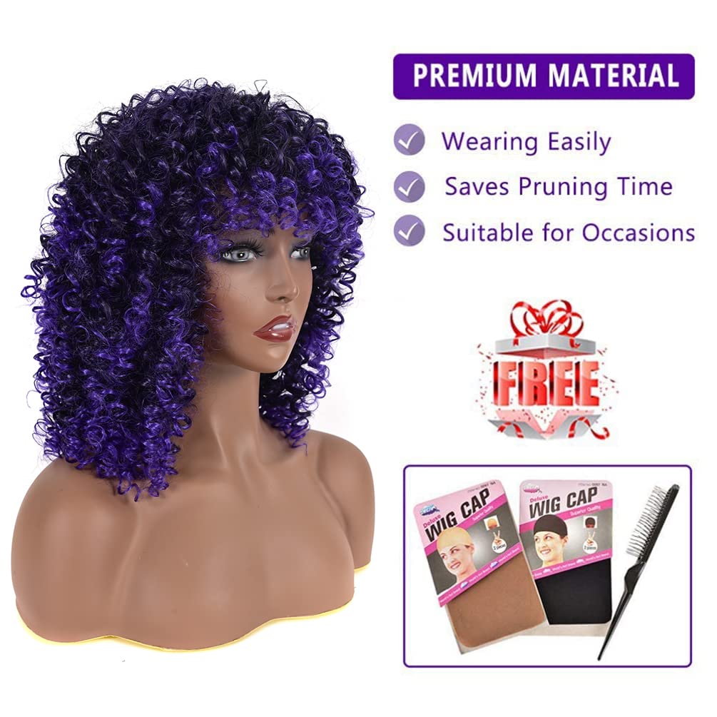 Kinky Curly Afro Wig with Bangs Ombre Gray Color Synthetic Mixed Wigs with 1 Wig Comb and 4pcs Wig Caps