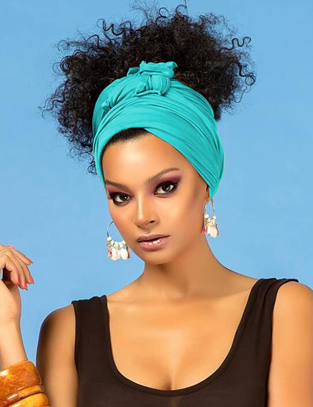 Harewom Black Hair Wrap for Women Long Stretch Jersey Head Scarf Summer Breathable Lightweight Turban Solid Color