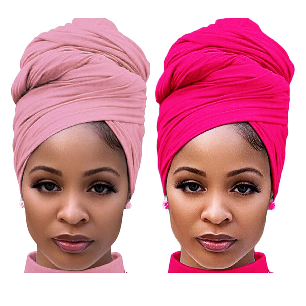 Harewom Black Hair Wrap for Women Long Stretch Jersey Head Scarf Summer Breathable Lightweight Turban Solid Color