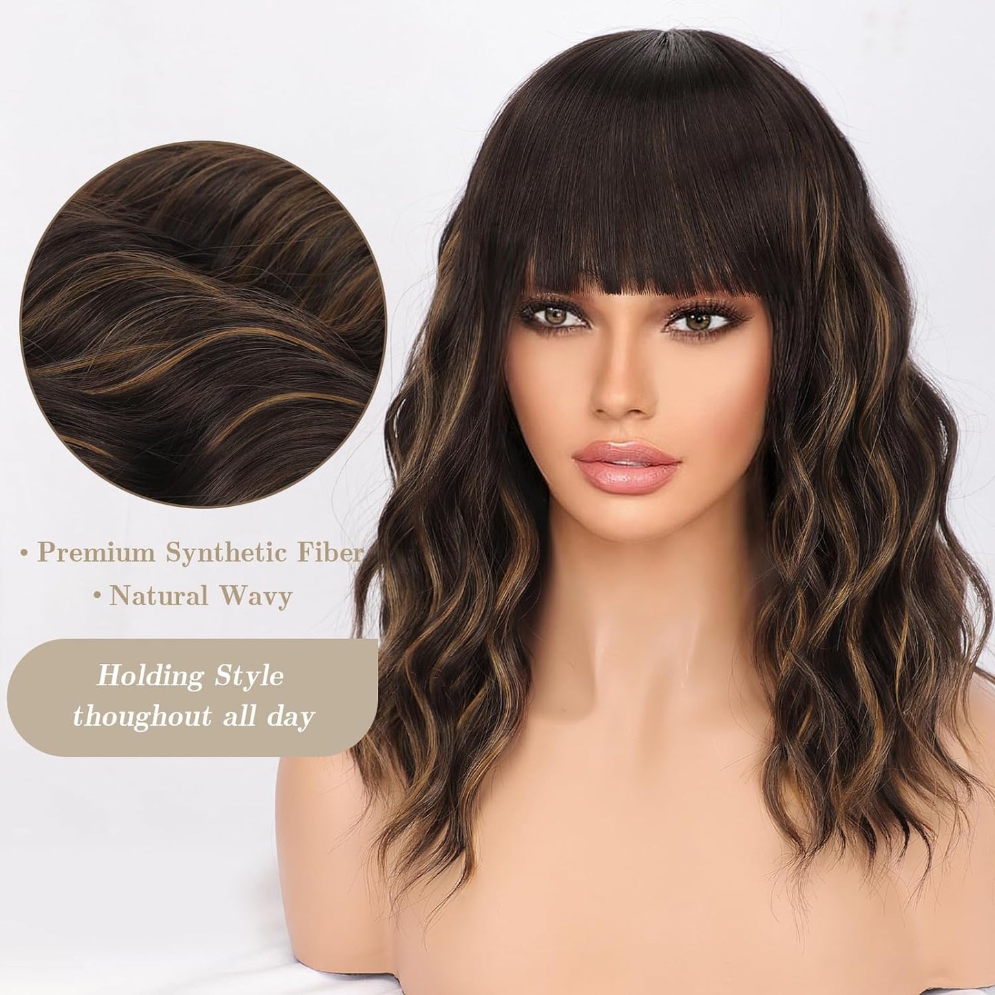 Short Wavy Wig with Bangs for Women Shoulder Length Bob Curly Women's Charming Synthetic Wigs with Natural Wavy Black To Brown Heat Resistant Hair for Daily Party Use