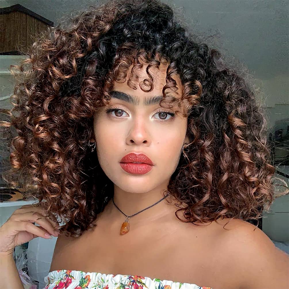 Kinky Curly Afro Wig with Bangs Ombre Gray Color Synthetic Mixed Wigs with 1 Wig Comb and 4pcs Wig Caps