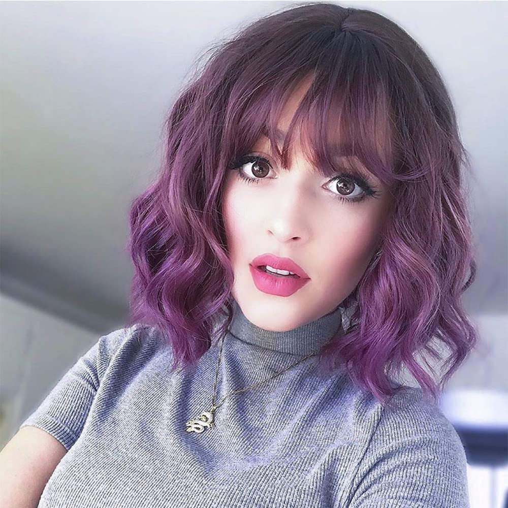 Short Wavy Black Wig with Bangs Bob Short Charming Curly Wavy Wig Women Synthetic Natural Looking Heat Resistant Fiber Hair for Women (14inch)