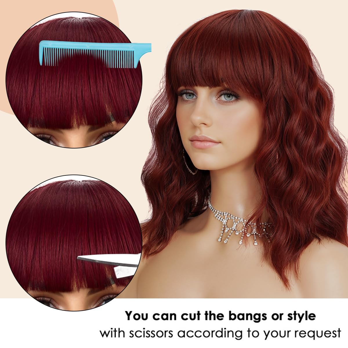 Short Wavy Black Wig with Bangs Bob Short Charming Curly Wavy Wig Women Synthetic Natural Looking Heat Resistant Fiber Hair for Women (14inch)