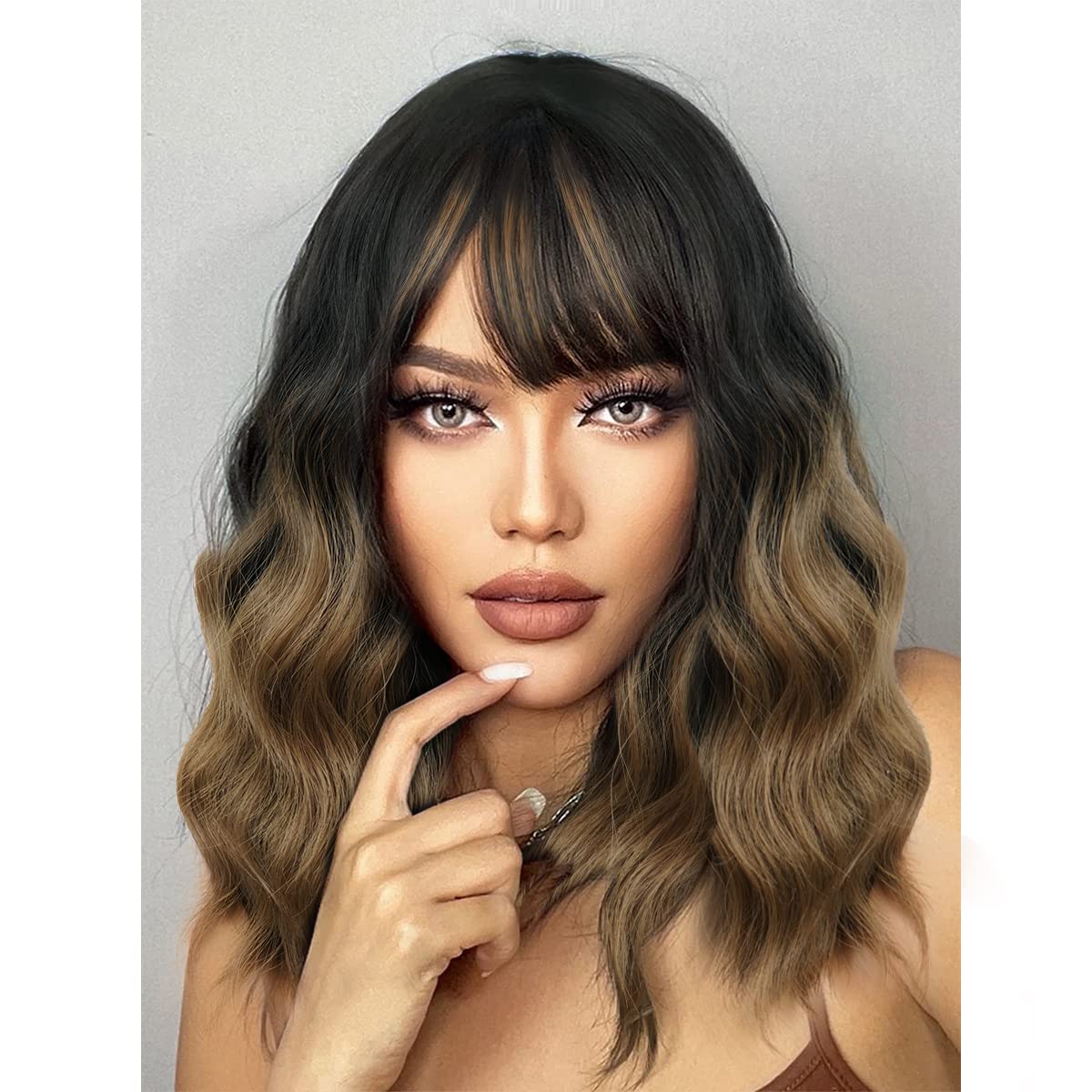 Short Wavy Black Wig with Bangs Bob Short Charming Curly Wavy Wig Women Synthetic Natural Looking Heat Resistant Fiber Hair for Women (14inch)