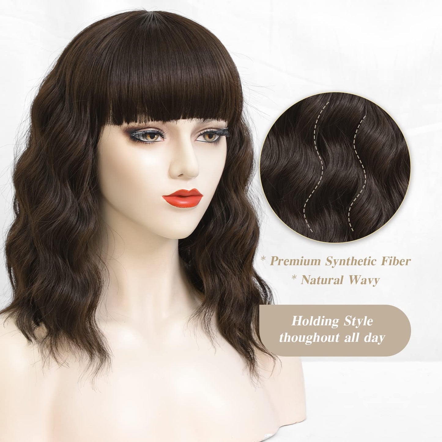 Short Wavy Wig with Bangs for Women Shoulder Length Bob Curly Women's Charming Synthetic Wigs with Natural Wavy Black To Brown Heat Resistant Hair for Daily Party Use