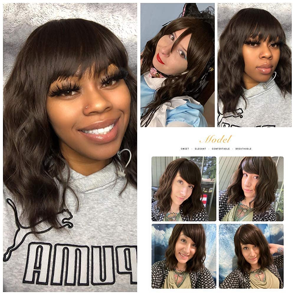 Short Wavy Wig with Bangs for Women Shoulder Length Bob Curly Women's Charming Synthetic Wigs with Natural Wavy Black To Brown Heat Resistant Hair for Daily Party Use