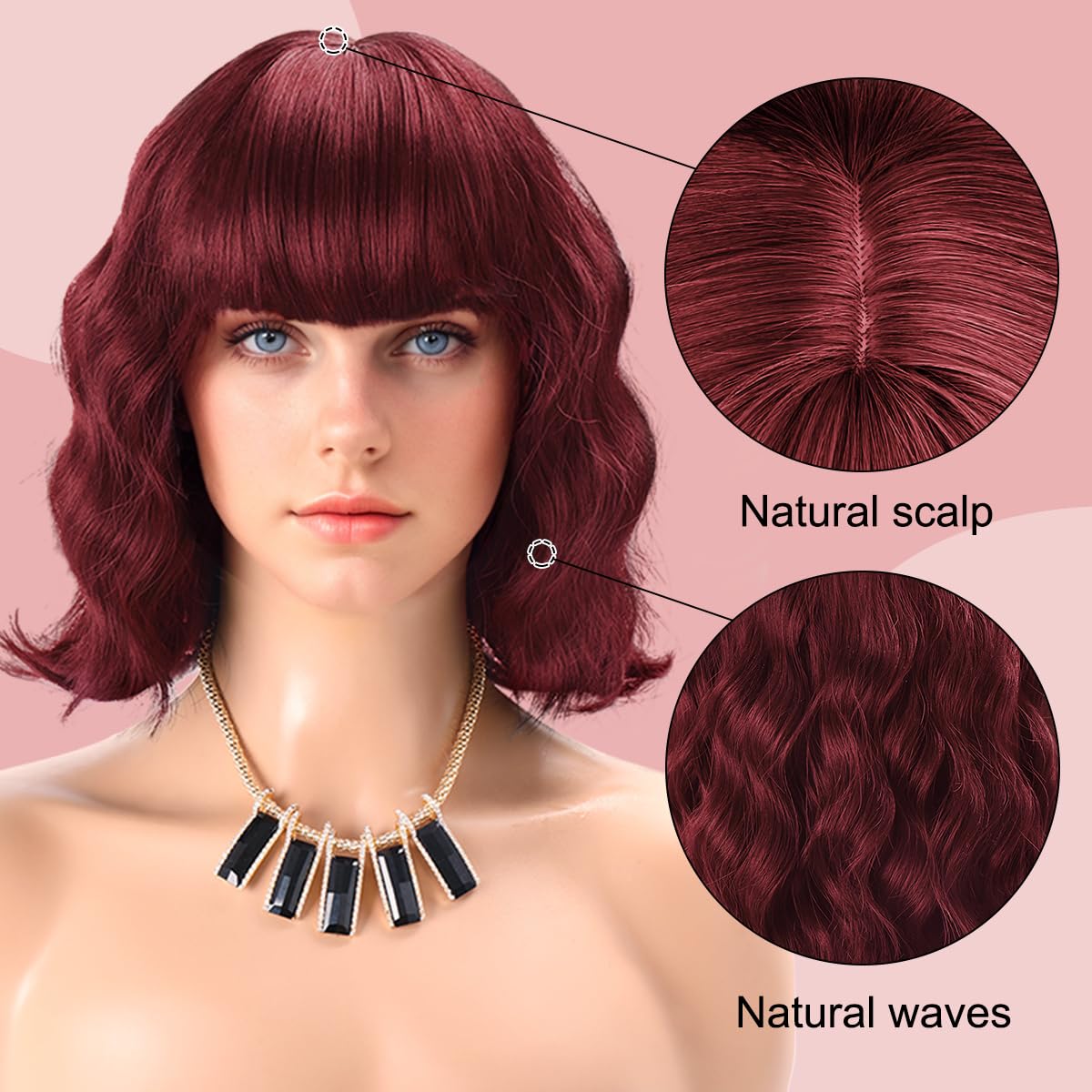 Short Wavy Black Wig with Bangs Bob Short Charming Curly Wavy Wig Women Synthetic Natural Looking Heat Resistant Fiber Hair for Women (14inch)