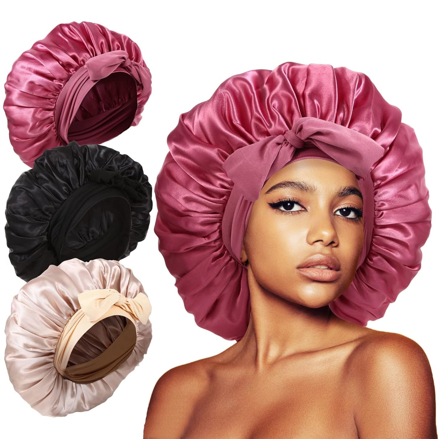 3Pcs Bonnet Silk Bonnet for Sleeping, Satin Bonnet for Sleeping Extra Large Hair Bonnets for Sleeping Black Curly Hair Women Jumbo Bonnet with Tie Band Braids