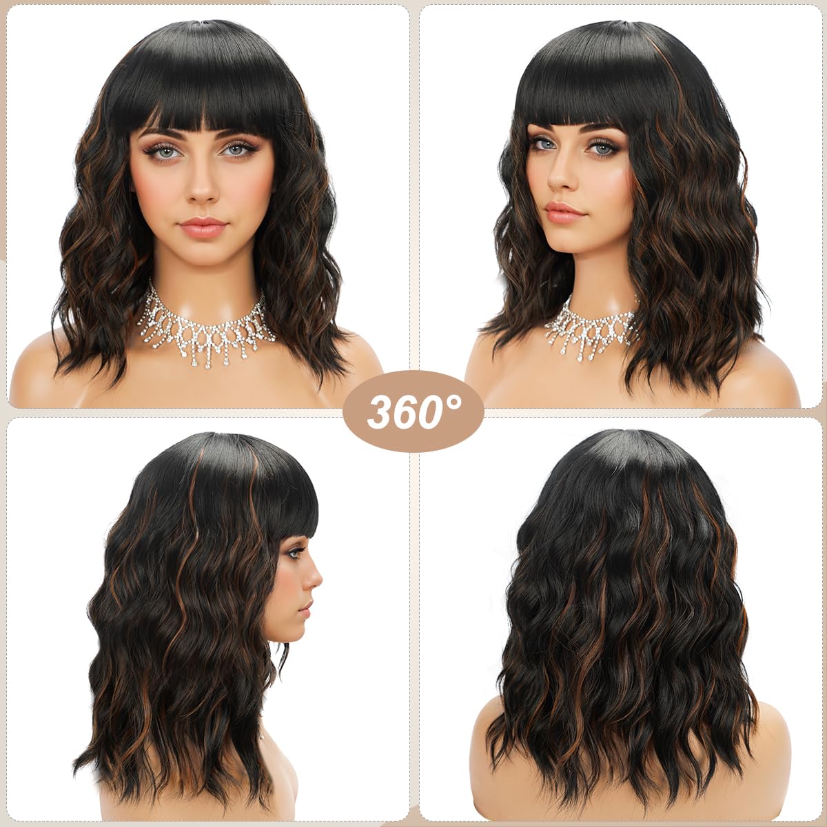 Short Wavy Black Wig with Bangs Bob Short Charming Curly Wavy Wig Women Synthetic Natural Looking Heat Resistant Fiber Hair for Women (14inch)