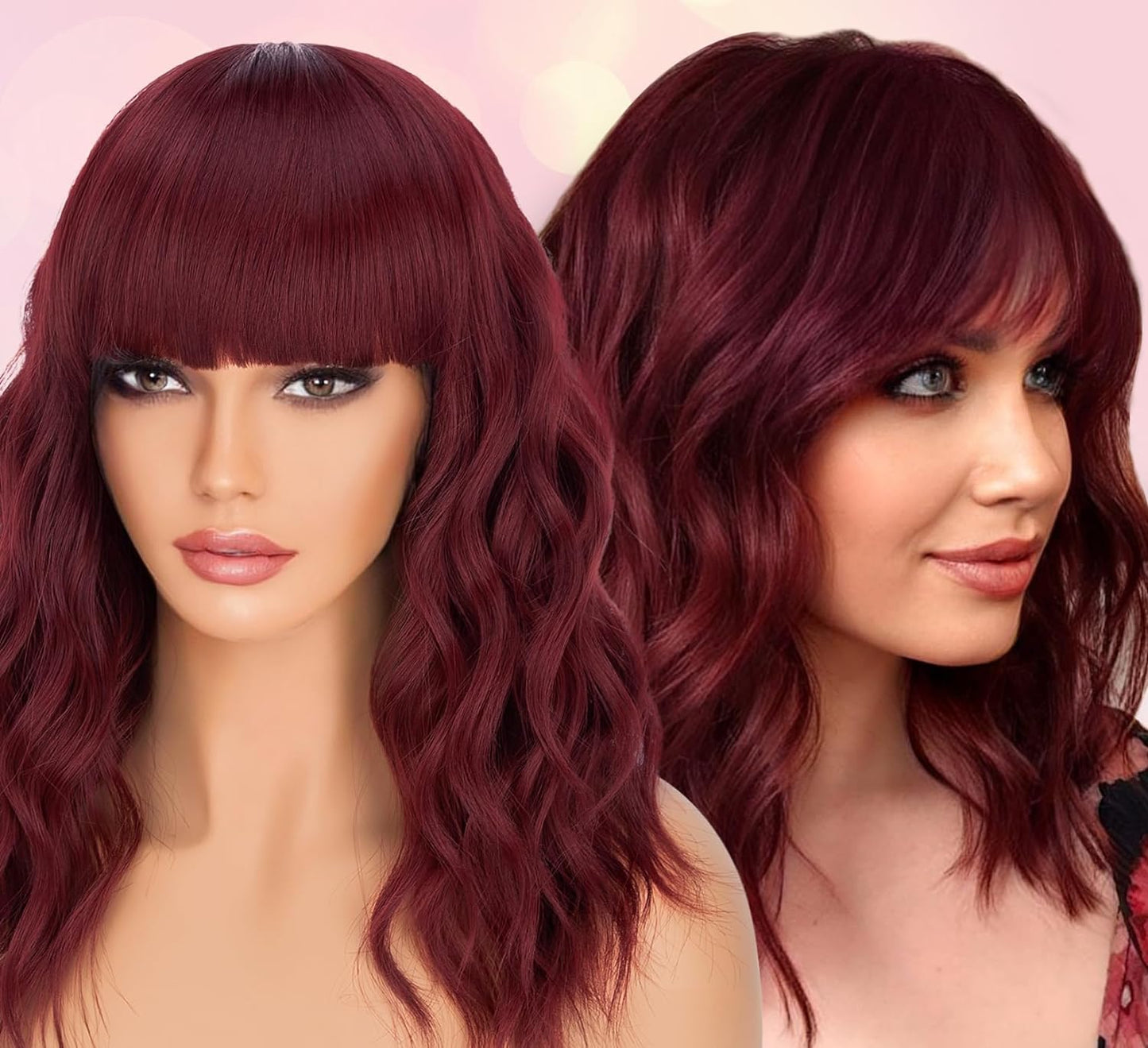 Short Wavy Wig with Bangs for Women Shoulder Length Bob Curly Women's Charming Synthetic Wigs with Natural Wavy Black To Brown Heat Resistant Hair for Daily Party Use