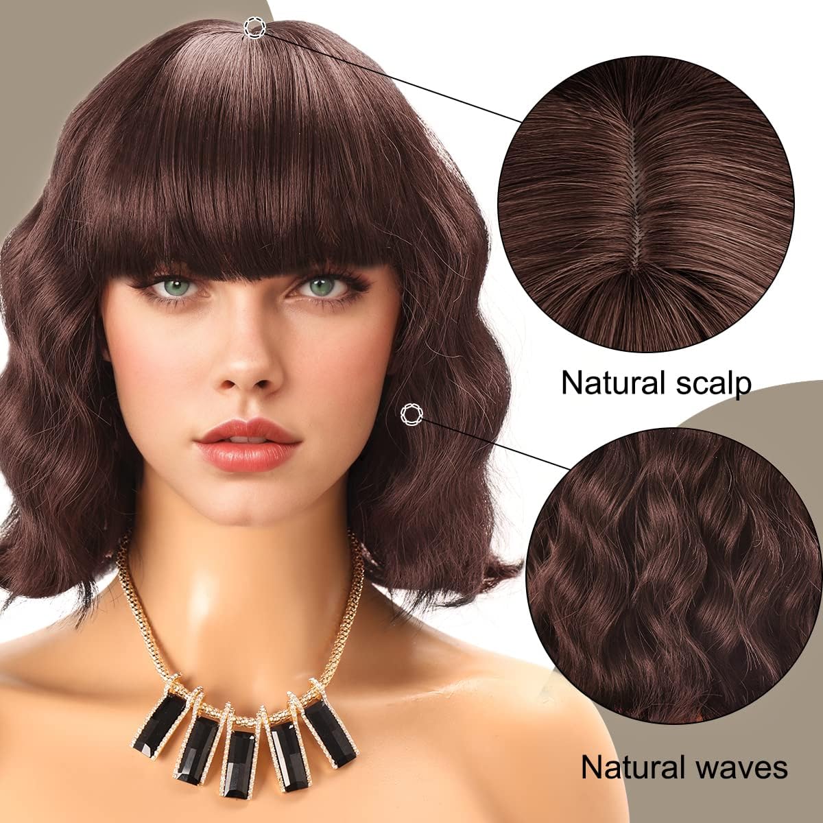 Short Wavy Black Wig with Bangs Bob Short Charming Curly Wavy Wig Women Synthetic Natural Looking Heat Resistant Fiber Hair for Women (14inch)