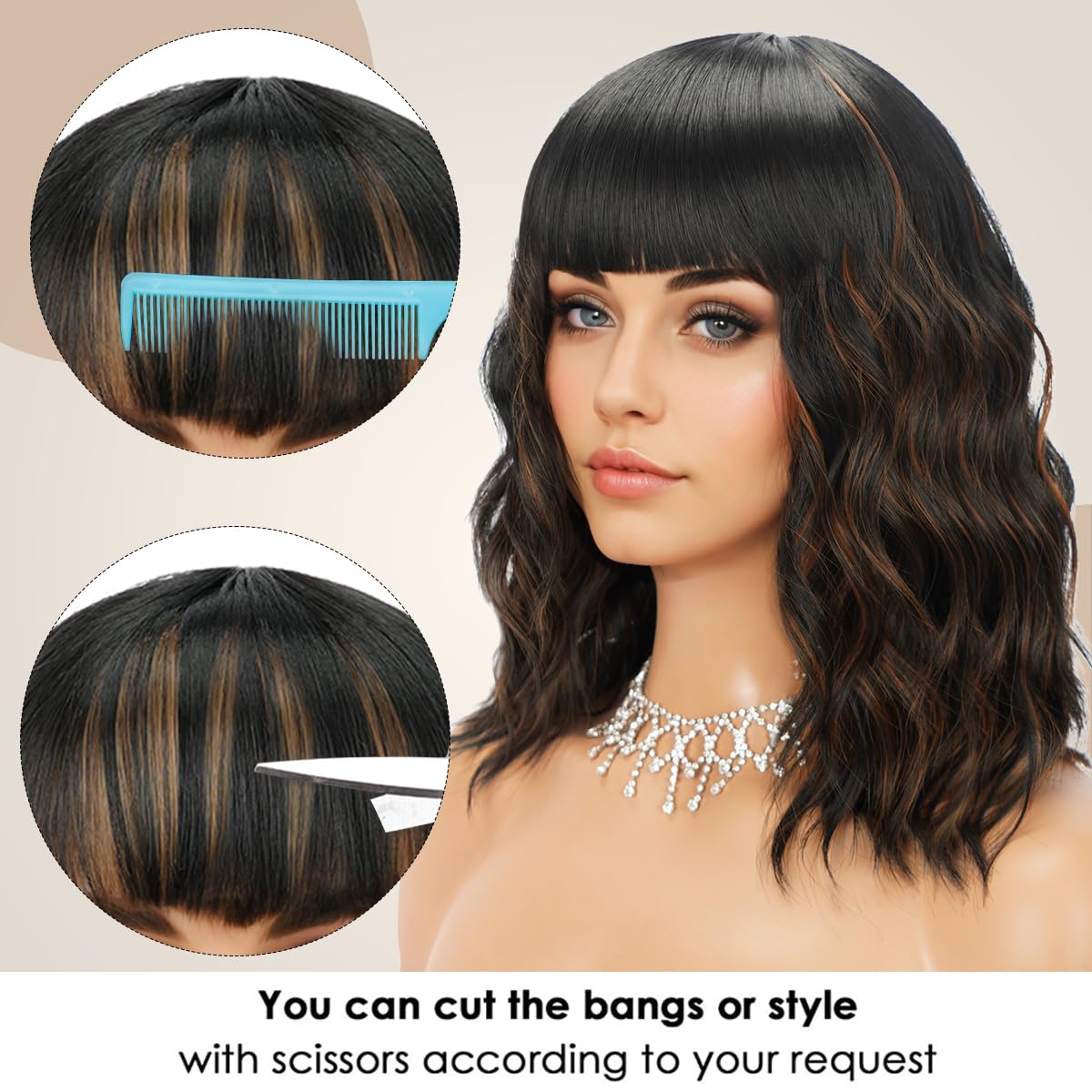 Short Wavy Black Wig with Bangs Bob Short Charming Curly Wavy Wig Women Synthetic Natural Looking Heat Resistant Fiber Hair for Women (14inch)
