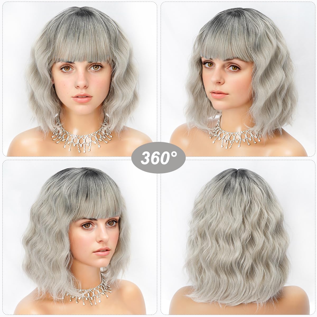 Short Wavy Black Wig with Bangs Bob Short Charming Curly Wavy Wig Women Synthetic Natural Looking Heat Resistant Fiber Hair for Women (14inch)