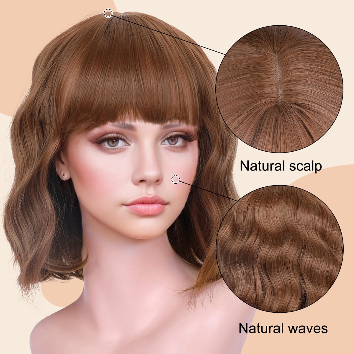 Short Wavy Black Wig with Bangs Bob Short Charming Curly Wavy Wig Women Synthetic Natural Looking Heat Resistant Fiber Hair for Women (14inch)