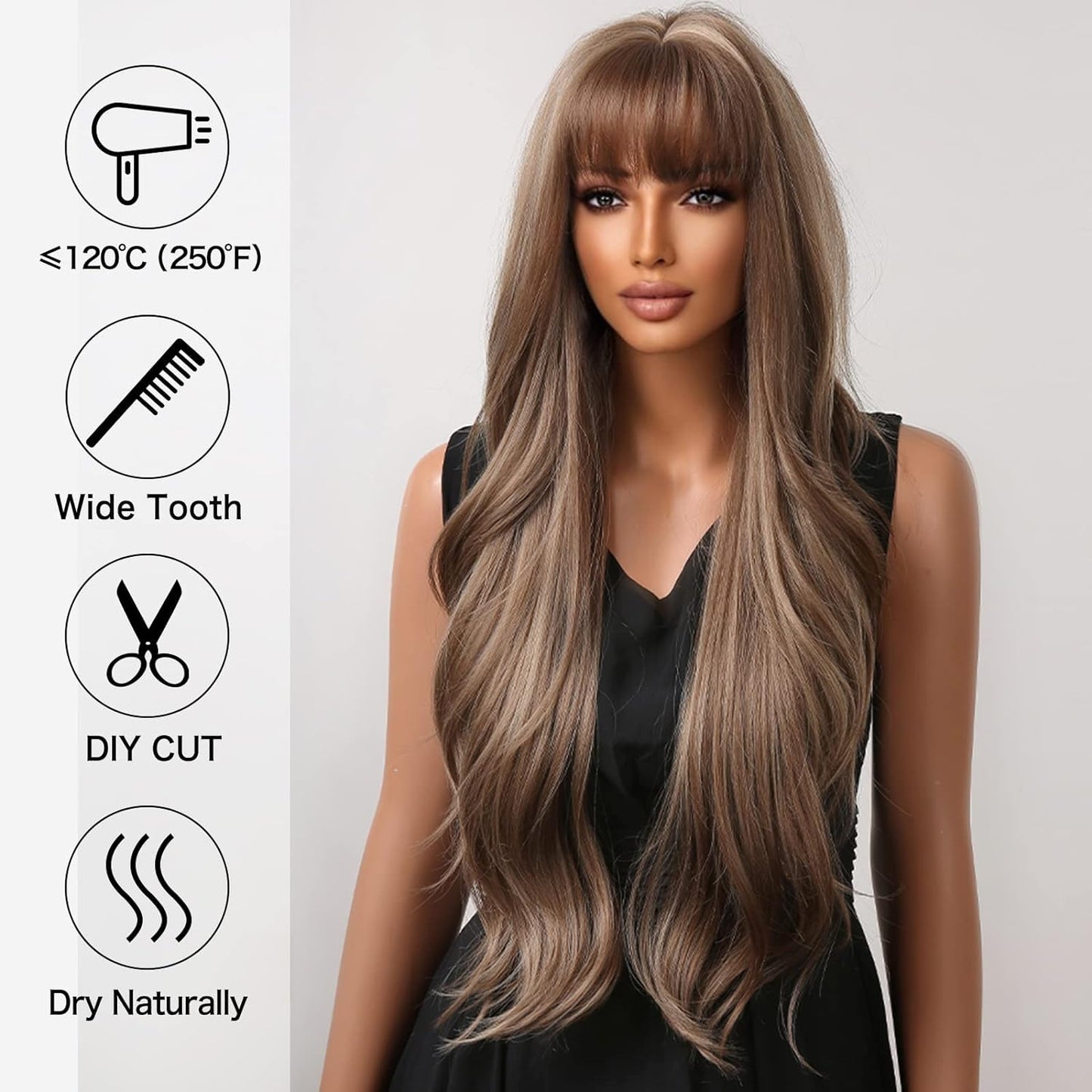 Black Wigs for Women Long Curly Wigs With Bangs Water Wavy Synthetic Wig, Party Cosplay Daily Use