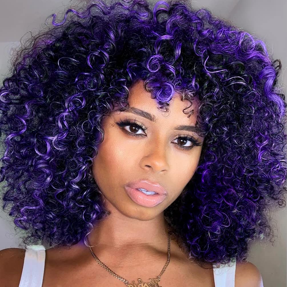Kinky Curly Afro Wig with Bangs Ombre Gray Color Synthetic Mixed Wigs with 1 Wig Comb and 4pcs Wig Caps