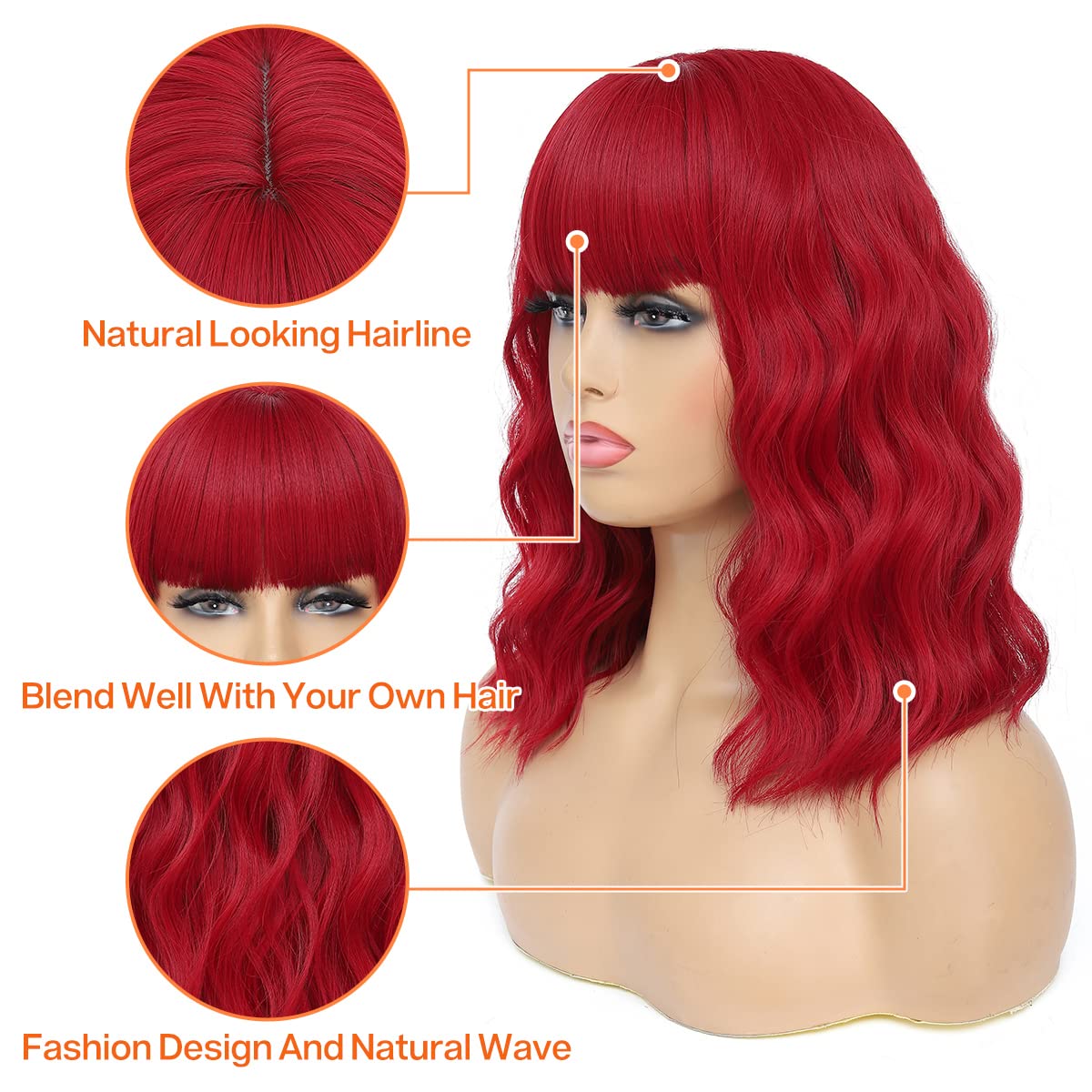 Short Wavy Wig with Bangs Black Mixed Brown Short Bob Wigs Shoulder Length Wear and Go Glueless Wigs Heat Resistant Fiber Synthetic Wig with Bangs