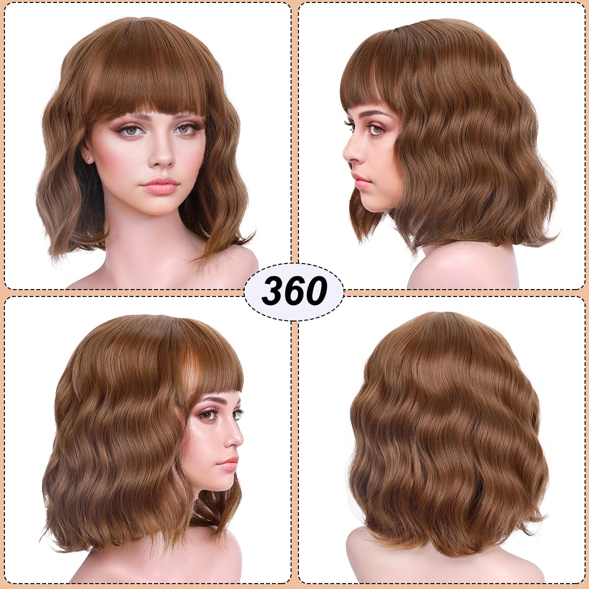 Short Wavy Black Wig with Bangs Bob Short Charming Curly Wavy Wig Women Synthetic Natural Looking Heat Resistant Fiber Hair for Women (14inch)