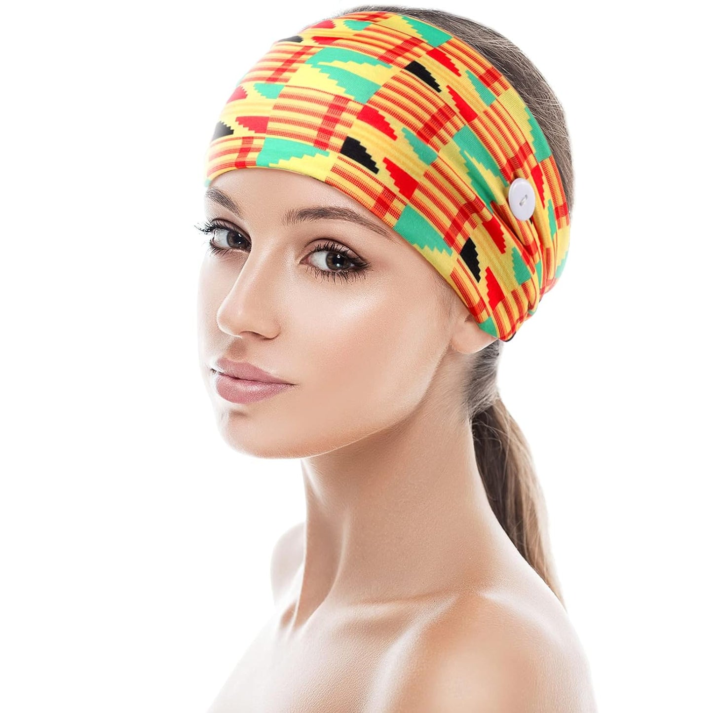 6 Pieces Headband with Buttons for Mask African Boho Knot Turban Headbands Nurse Elastic Headbands Sport Beach Hair Accessories for Women Girls (Bohemian Patterns)