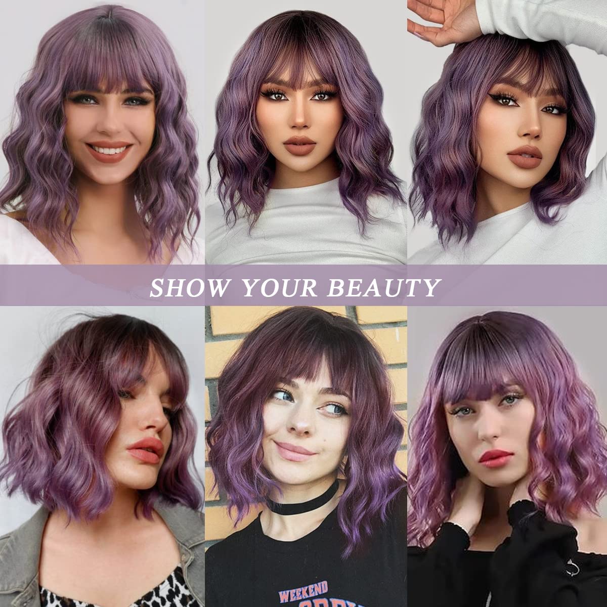 Short Wavy Black Wig with Bangs Bob Short Charming Curly Wavy Wig Women Synthetic Natural Looking Heat Resistant Fiber Hair for Women (14inch)