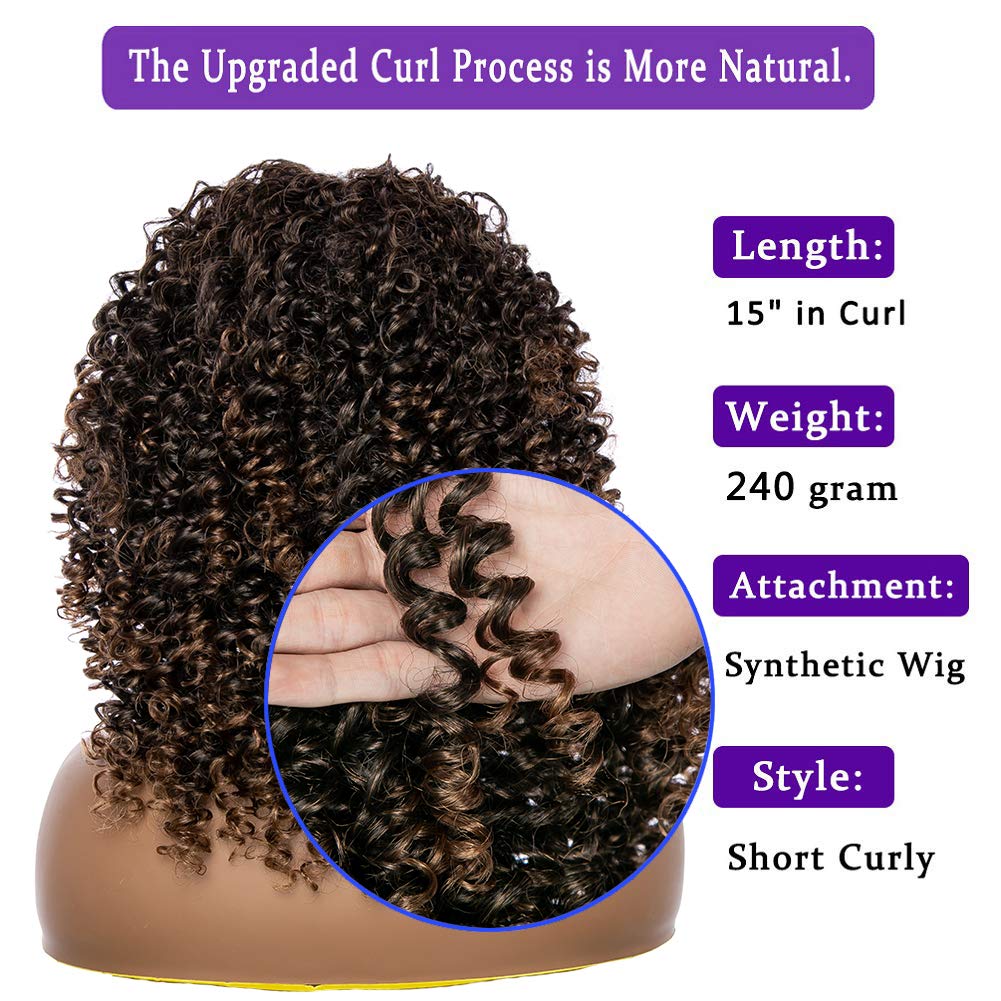 Kinky Curly Afro Wig with Bangs Ombre Gray Color Synthetic Mixed Wigs with 1 Wig Comb and 4pcs Wig Caps