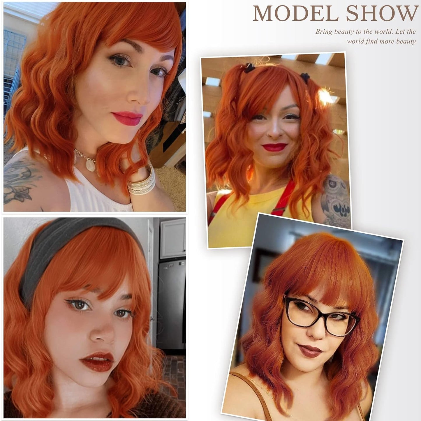 Short Wavy Wig with Bangs for Women Shoulder Length Bob Curly Women's Charming Synthetic Wigs with Natural Wavy Black To Brown Heat Resistant Hair for Daily Party Use