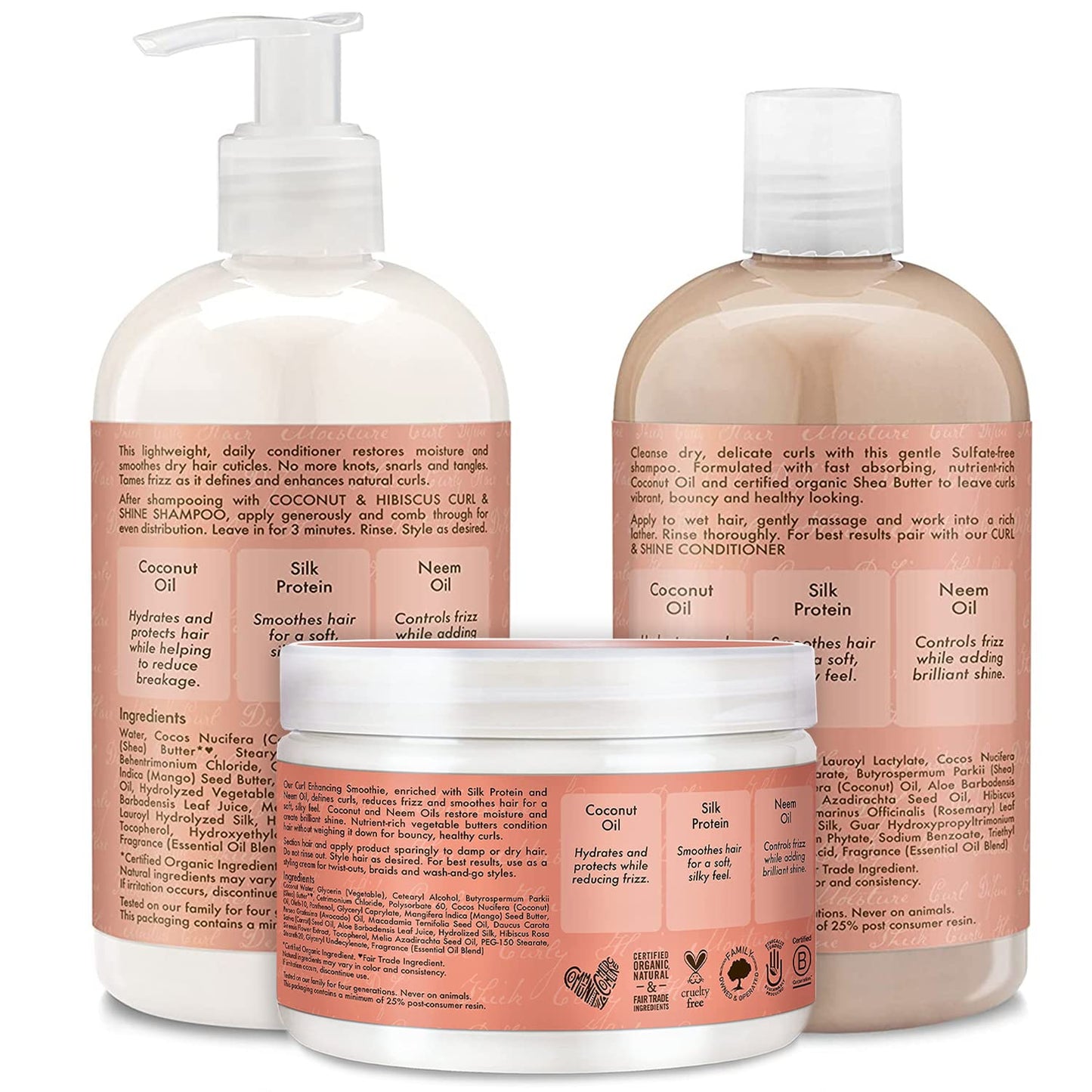 Shea Moisture Shampoo and Conditioner Set, Coconut and Hibiscus Curl & Shine 13-oz ea Bundled with Curl Enhancing Smoothie 12-oz. Curly Hair Products with Coconut Oil, Vitamin E & Neem Oil