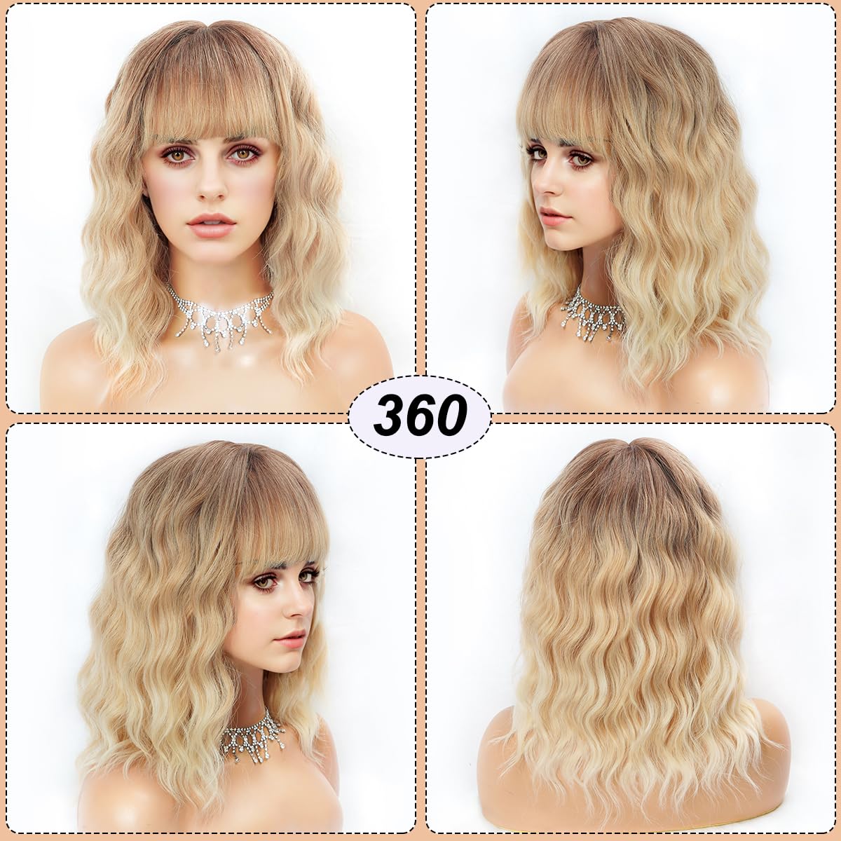 Short Wavy Black Wig with Bangs Bob Short Charming Curly Wavy Wig Women Synthetic Natural Looking Heat Resistant Fiber Hair for Women (14inch)