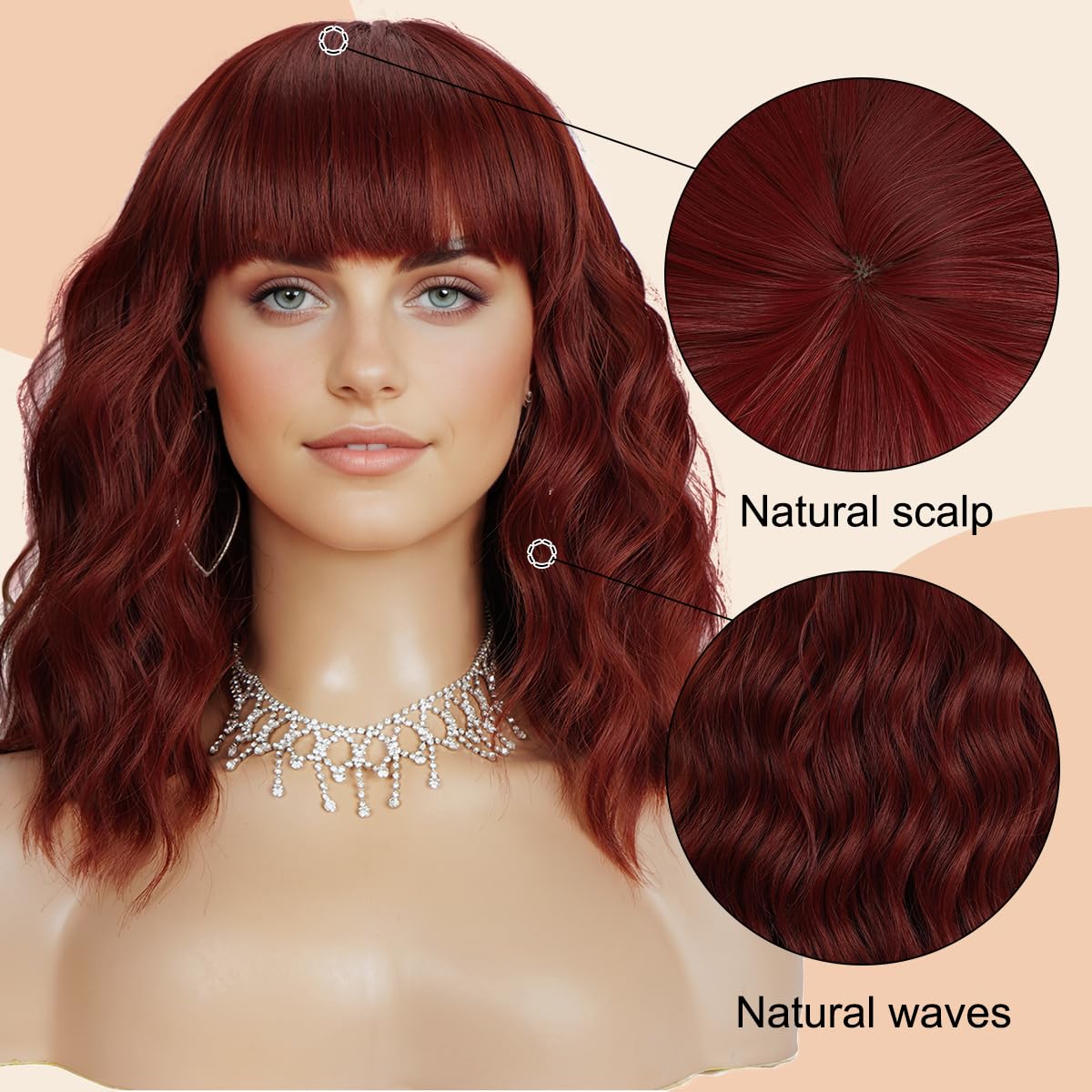 Short Wavy Black Wig with Bangs Bob Short Charming Curly Wavy Wig Women Synthetic Natural Looking Heat Resistant Fiber Hair for Women (14inch)