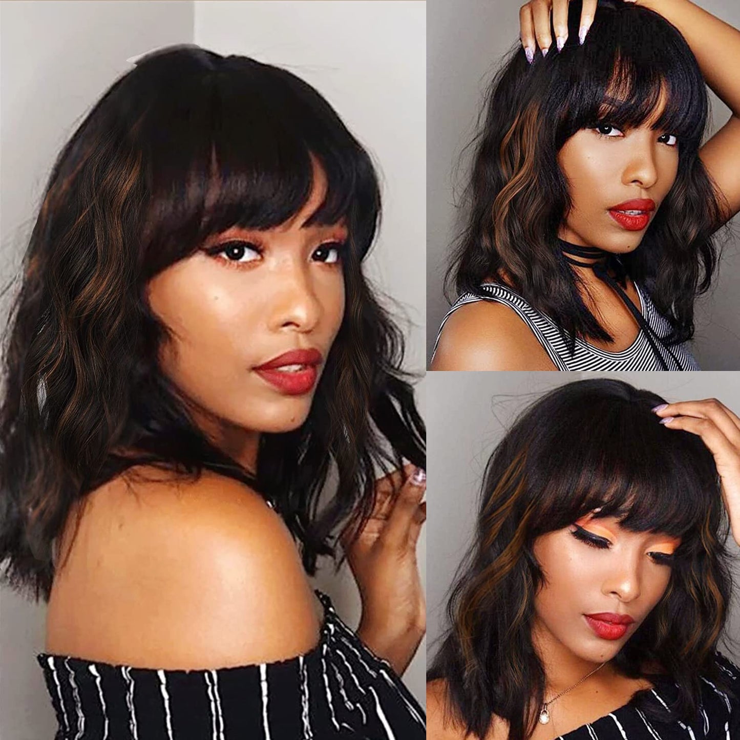 Short Wavy Wig with Bangs for Women Shoulder Length Bob Curly Women's Charming Synthetic Wigs with Natural Wavy Black To Brown Heat Resistant Hair for Daily Party Use