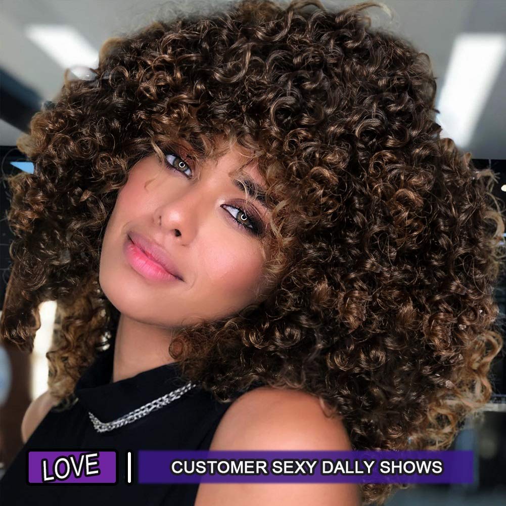 Kinky Curly Afro Wig with Bangs Ombre Gray Color Synthetic Mixed Wigs with 1 Wig Comb and 4pcs Wig Caps
