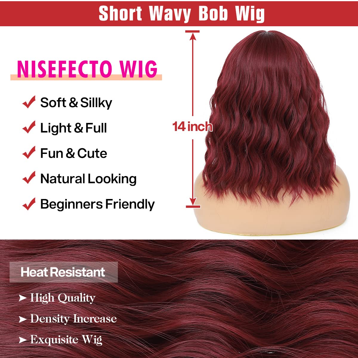 Short Wavy Wig with Bangs Black Mixed Brown Short Bob Wigs Shoulder Length Wear and Go Glueless Wigs Heat Resistant Fiber Synthetic Wig with Bangs