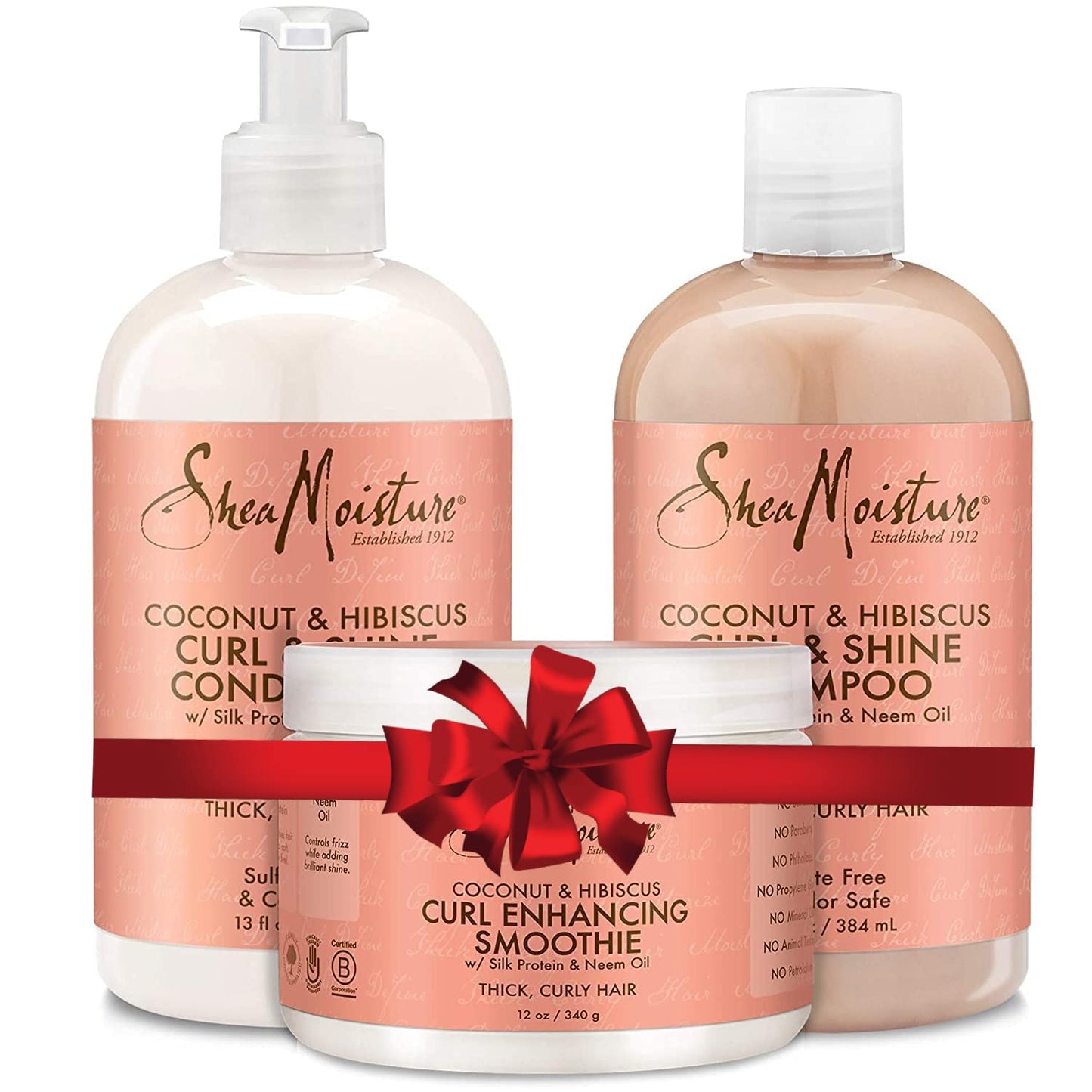 Shea Moisture Shampoo and Conditioner Set, Coconut and Hibiscus Curl & Shine 13-oz ea Bundled with Curl Enhancing Smoothie 12-oz. Curly Hair Products with Coconut Oil, Vitamin E & Neem Oil