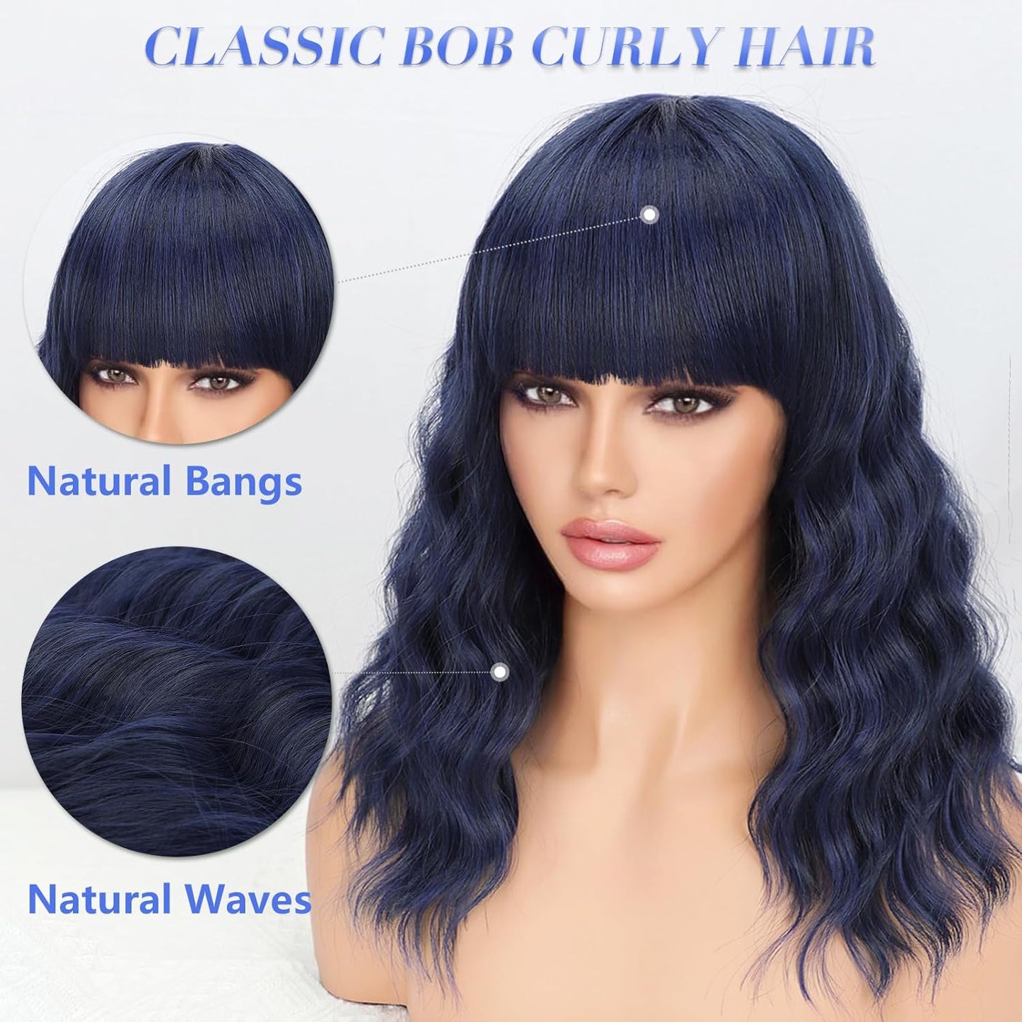 Short Wavy Wig with Bangs for Women Shoulder Length Bob Curly Women's Charming Synthetic Wigs with Natural Wavy Black To Brown Heat Resistant Hair for Daily Party Use