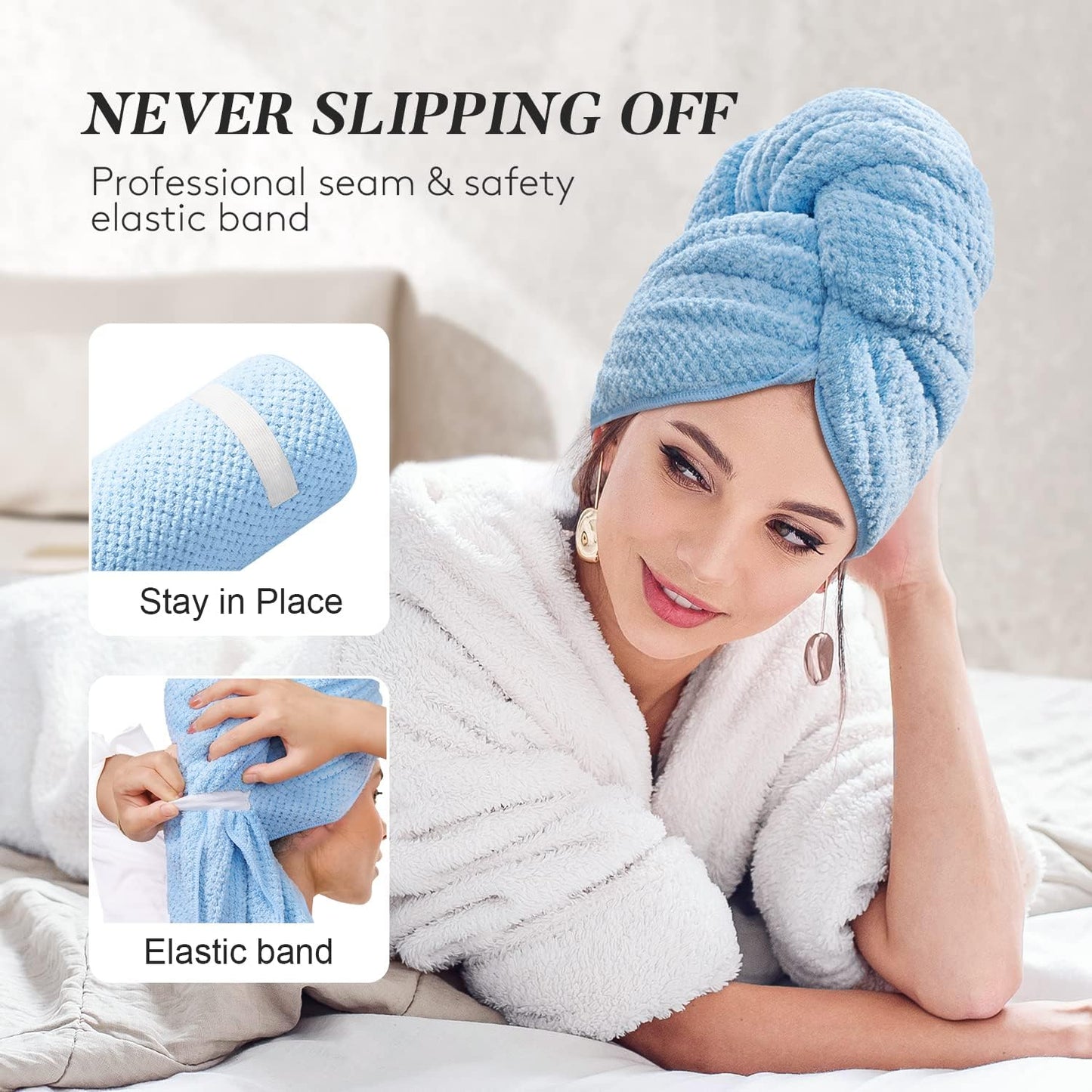 Large Microfiber Hair Towel Wrap for Women, Super Absorbent Hair Drying Towel with Elastic Strap, Anti Frizz Fast Drying Hair Turbans for Long, Thick, Curly Hair, Soft Hair Wrap Towels Pink