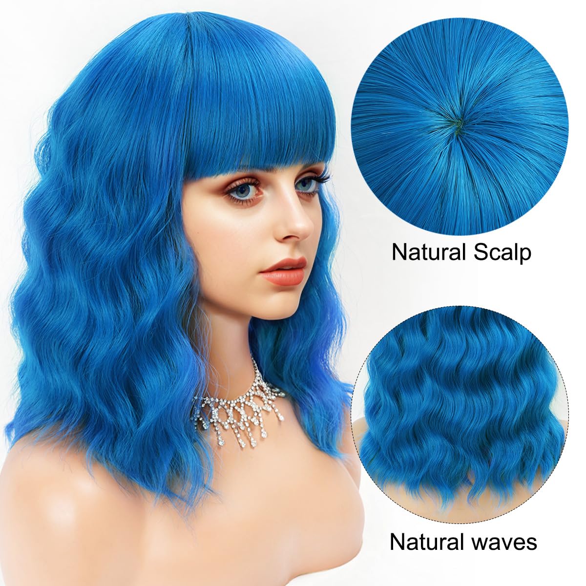 Short Wavy Black Wig with Bangs Bob Short Charming Curly Wavy Wig Women Synthetic Natural Looking Heat Resistant Fiber Hair for Women (14inch)