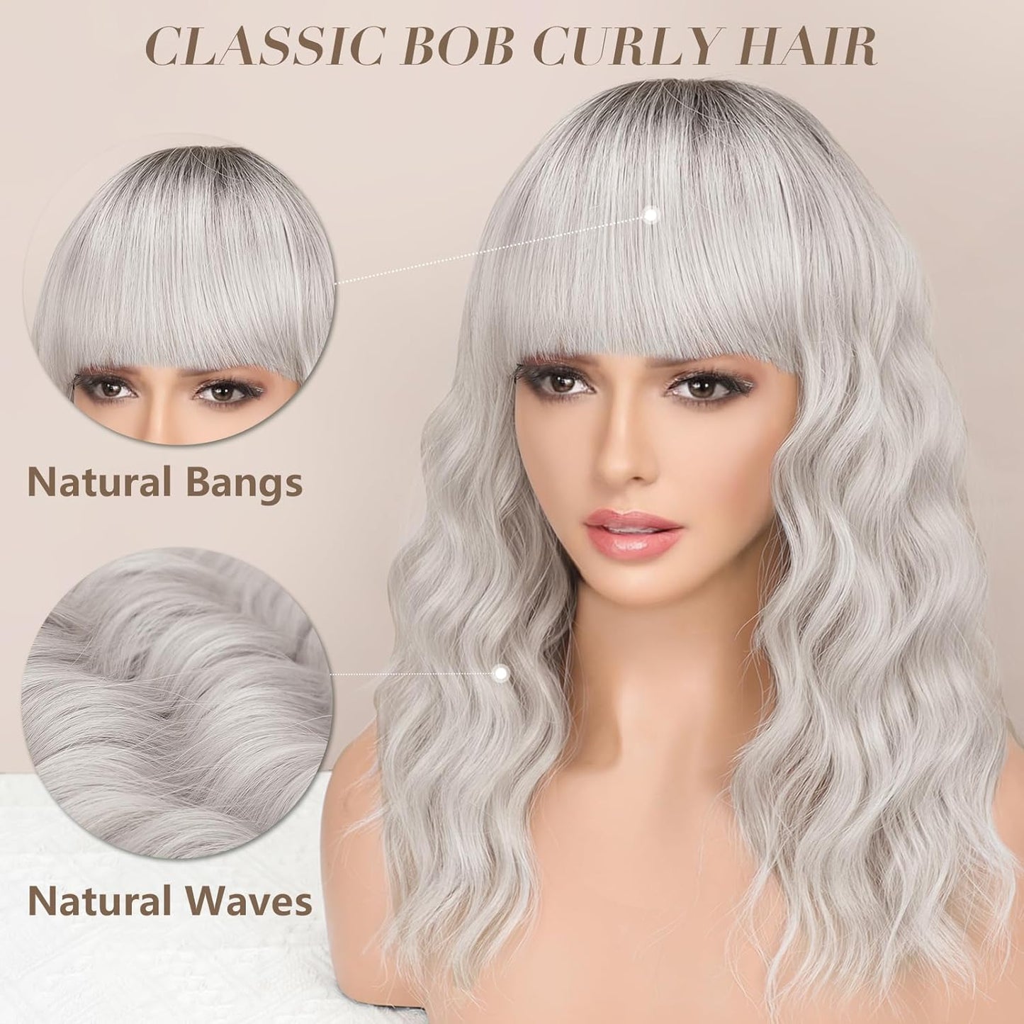 Short Wavy Wig with Bangs for Women Shoulder Length Bob Curly Women's Charming Synthetic Wigs with Natural Wavy Black To Brown Heat Resistant Hair for Daily Party Use